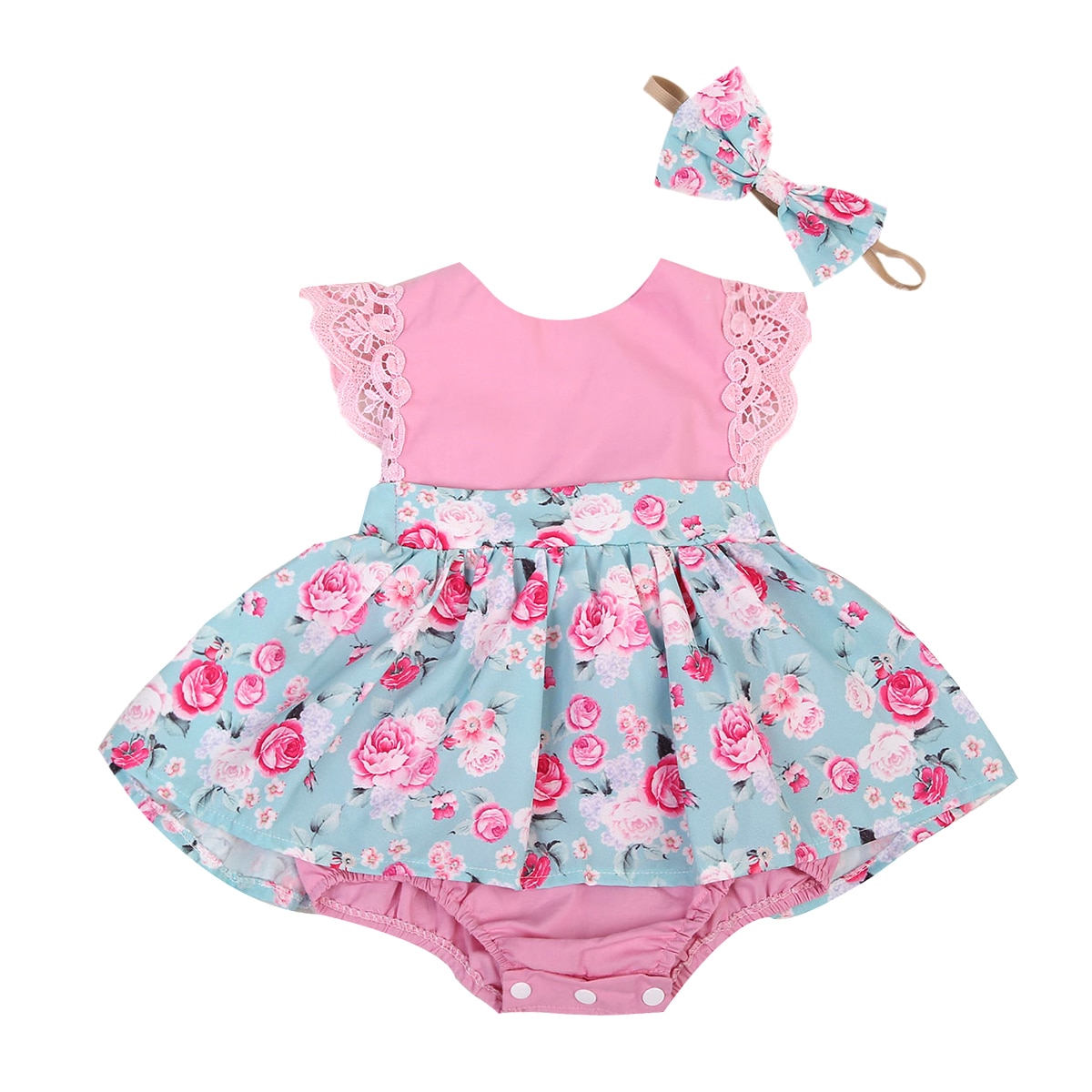 Babymeisjes kinderoutfits set bloemen rug kruis prinses romper kant vliegende mouwen jumpsuit feest zonnepak kleding