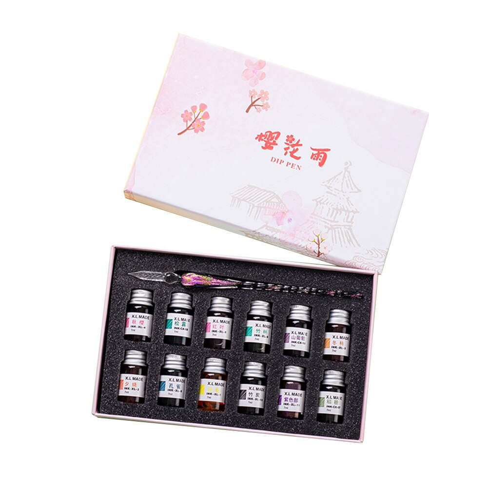 Painting Crystal Glass Signatures Dip Pen Set With 12 Colors Ink For Art Writing Calligraphy Fountain Doodling Stationery: Sakura Rain