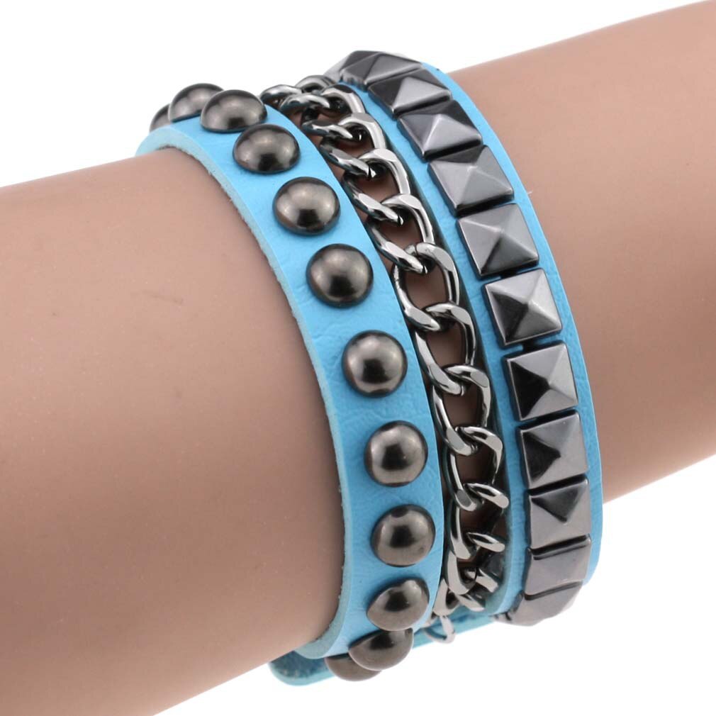 Gelaagde Leather Studded Armband Mannen Vrouwen Punk Band Rock Bangle Goth Sieraden Cosplay Emo Gothic Accessoires: light blue