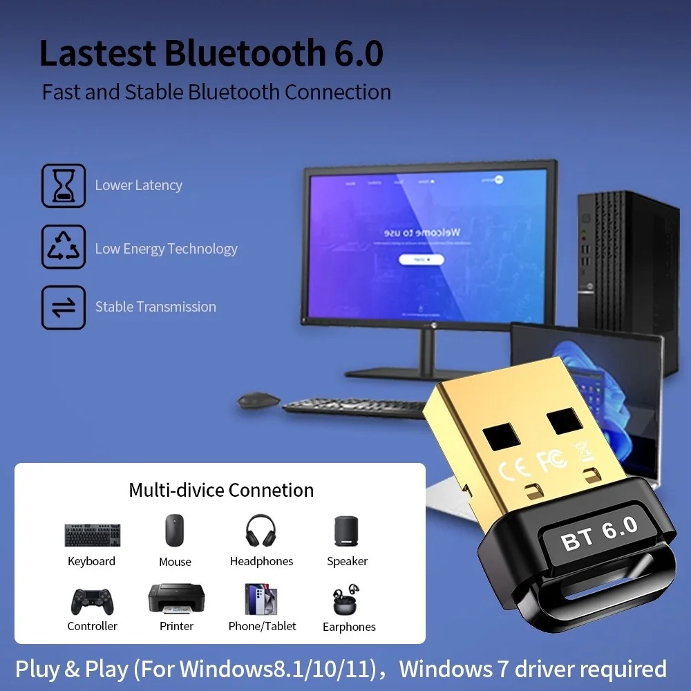 Adattatore bluetooth usb adattatore dongle bluetooth 6.0 per pc windows 11/10/8.1 ricevitore e trasmettitore bluetooth per tastiera e mouse