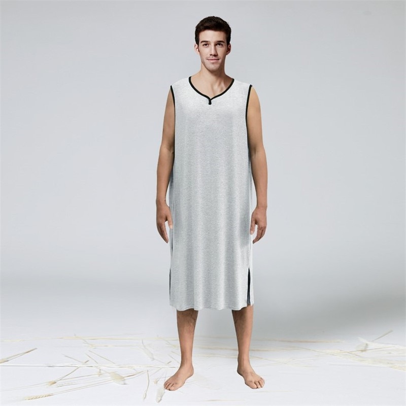 Men's Nightwear Robes Fashionable V-Neck Sleeveless T-Shirt Nightwear for Men Gray Sapphire Blue Summer Outfit Nightgown Pajamas