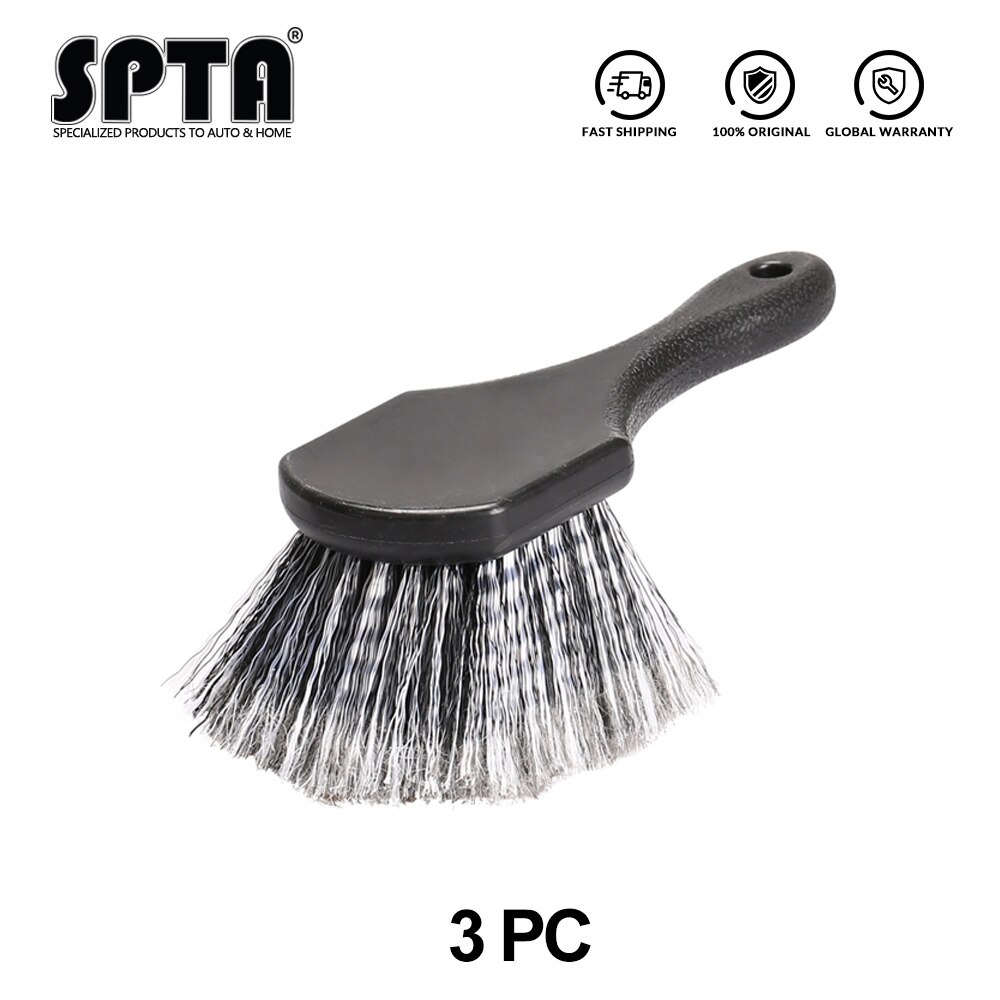 SPTA Car Beauty Hub Brush Short Handle Tire Cleaning Brush Car Wheel Rim Cleaning Tools Handheld Hard Nylon Bristlets Rim Brush: 3Pcs Brush Black