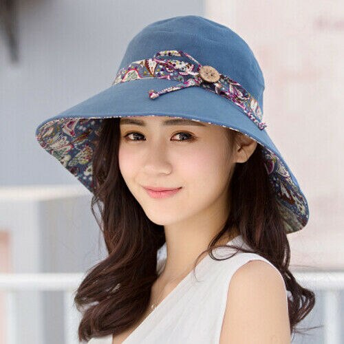 Women Ladies Casual Summer Sun Hats Big Wide Brim Hat Beach Sun Folral Hat: Blue