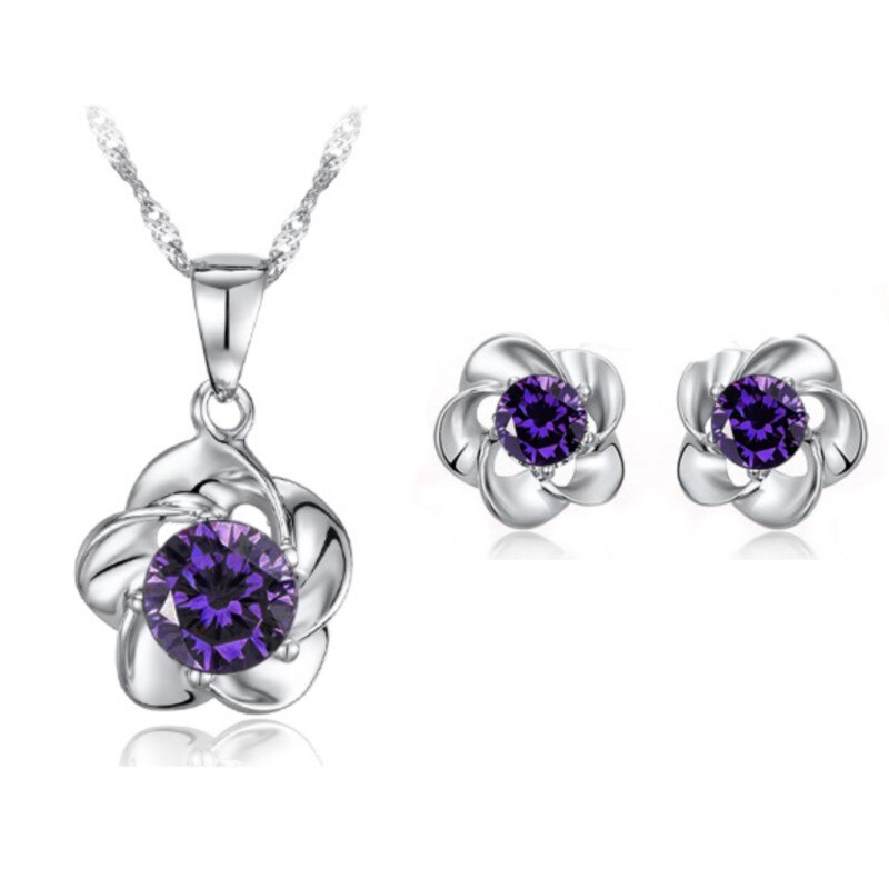 Mooie Wo Bridal Set Niew Brand Sieraden Sets Zirkoon Instellen Bloem Hanger Ketting Oorbellen Sieraden