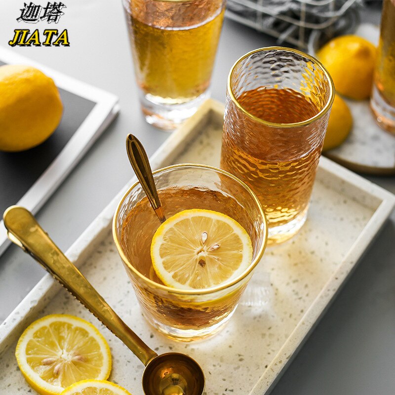 Taza de leche y café con borde dorado, vaso de Agua de Cristal martillado, vaso de zumo sin plomo, taza de bebida transparente, vaso de vidrio para el hogar