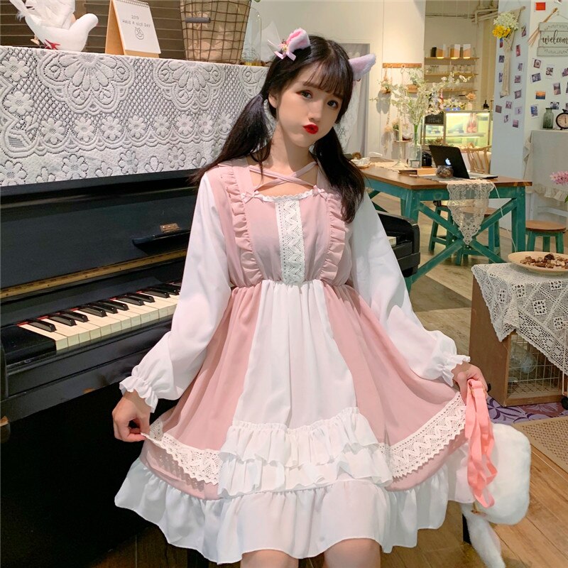 Robe lolita rose vintage doux rétro lacet robe victorienne kawaii fille gothique lolita op palace robe de princesse douce loli cos: Pink