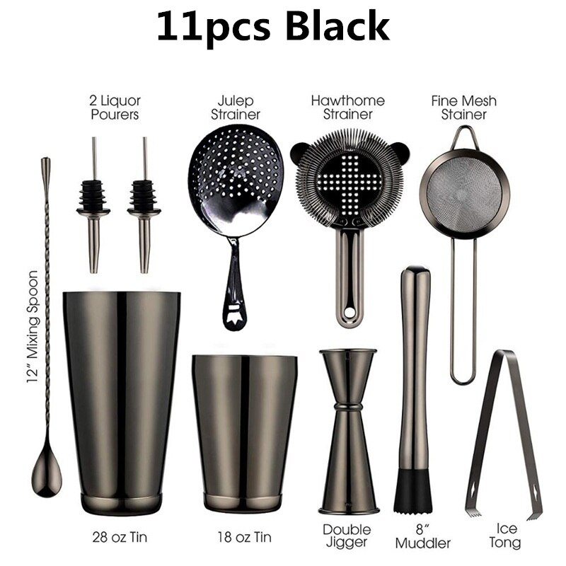 13 pçs/set aço inoxidável cocktail shaker gelo tong mixer bebida boston bartender browser kit barras conjunto ferramentas barra profissional: 11pcs Black