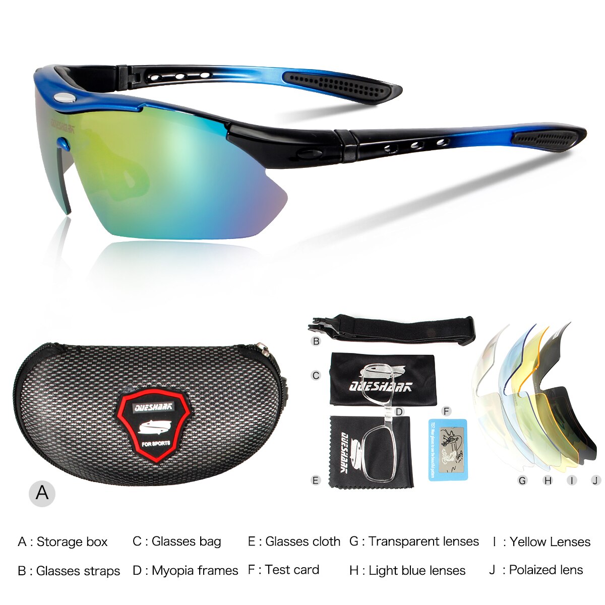 Queshark 5 linse fiskesolbriller udskiftelige linse lystfiskeri camping polariserede cykelbriller fiskerbriller sportsbriller: 04