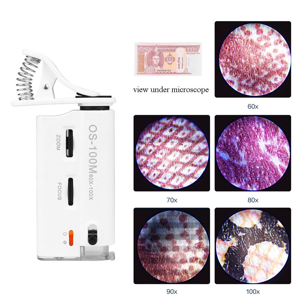 60-100X Cold-warm Light LED Cell Phone Microscope Universal Clip-type Microscope Magnifier with LED/UV Lamp Magnifiers