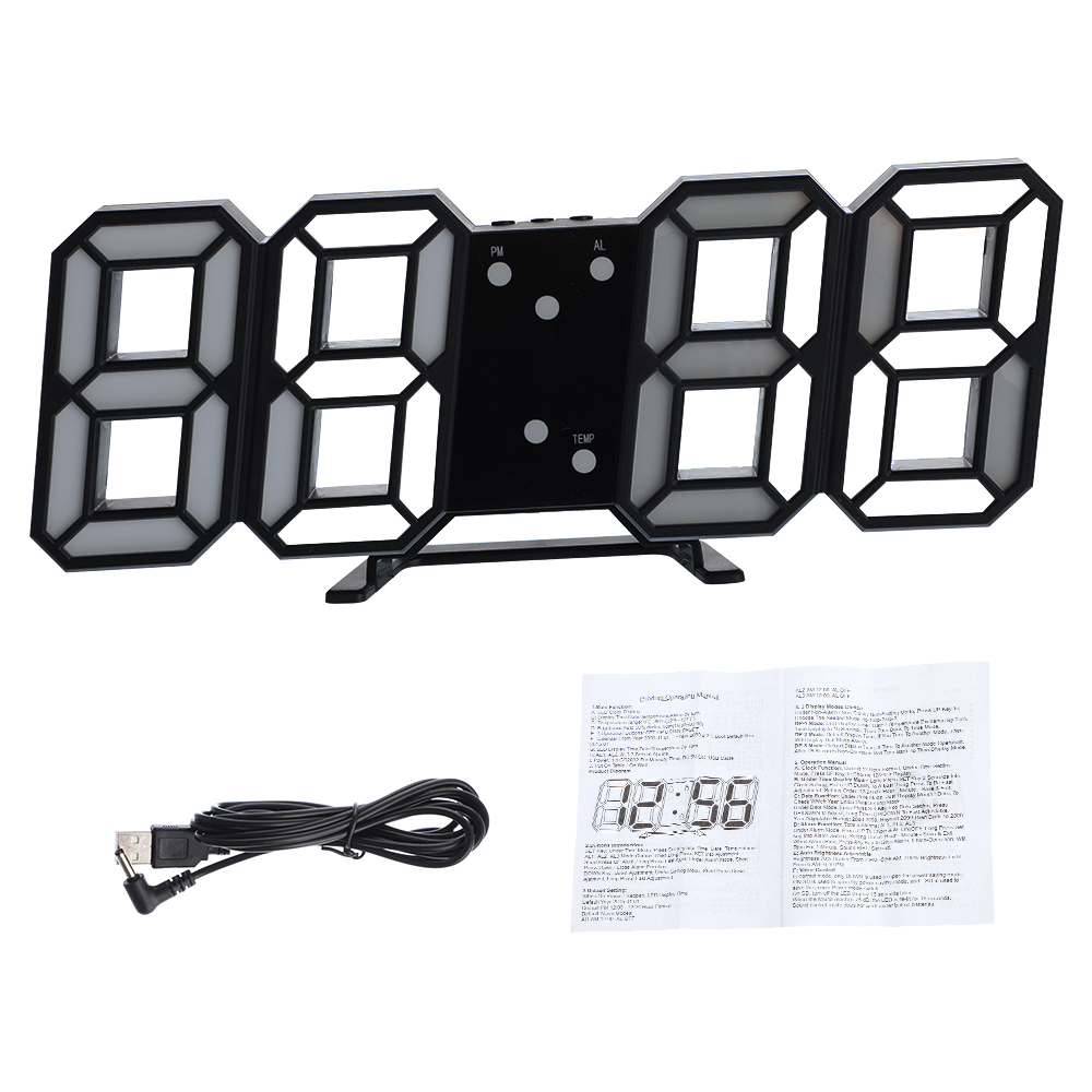 3D LED Digital Alarm Colck Large Date Time Nightlight Display Wall Alarm Clock for Living Room Table Desktop Clocks: black-white