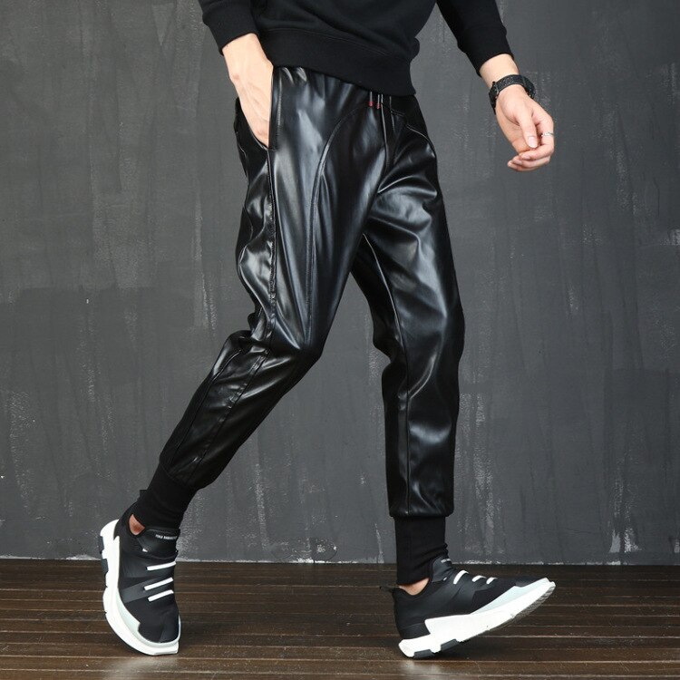 Pantalones de chándal de imitación de cuero para hombre Hip Hop punk pu motocicleta Harem pantalones de chándal para hombre traje para actuación de discoteca pantalones de retales 110101