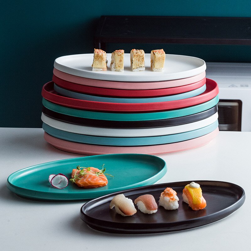 Grands plateaux de service ovales de 12/14 pouces, plats de service en porcelaine de couleur allant au four, assiettes à dîner