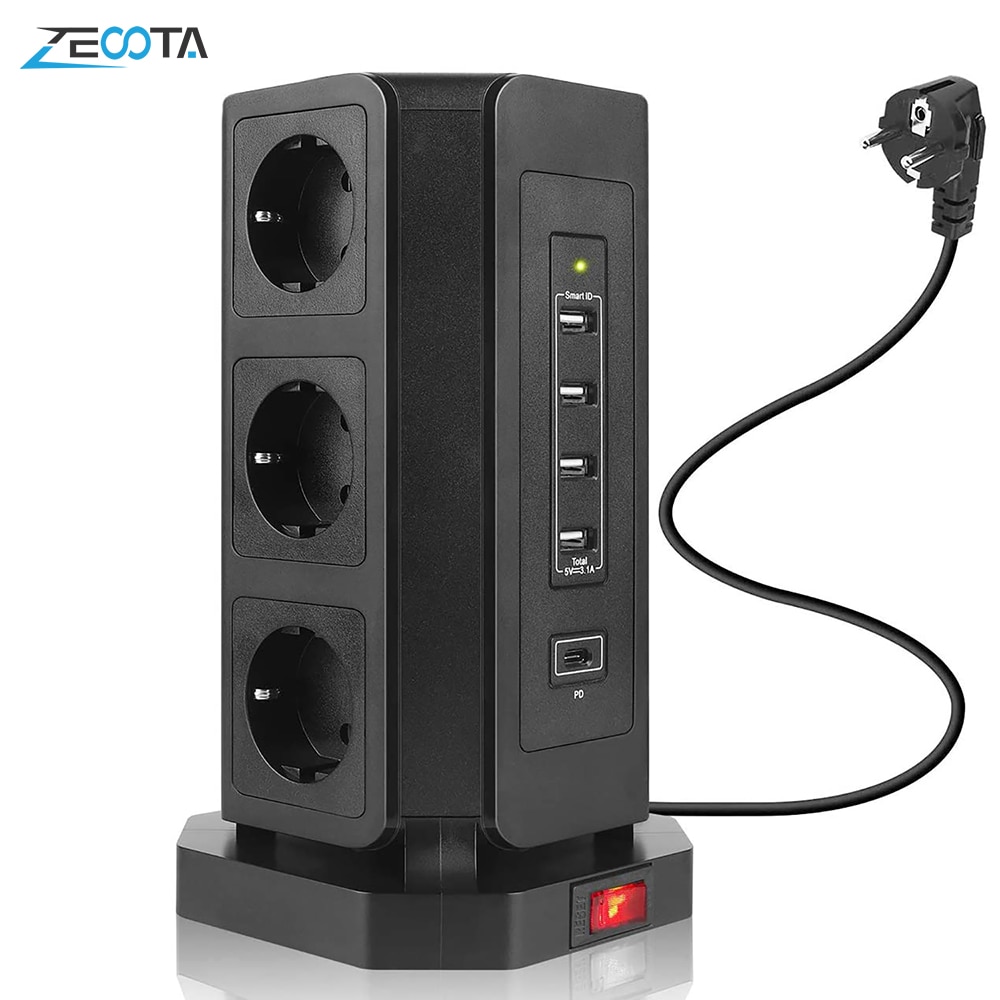 Multiprise verticale prise électrique ue prise de courant 9 voies prise tour USB-C Ports 2m Protection contre les courts-circuits