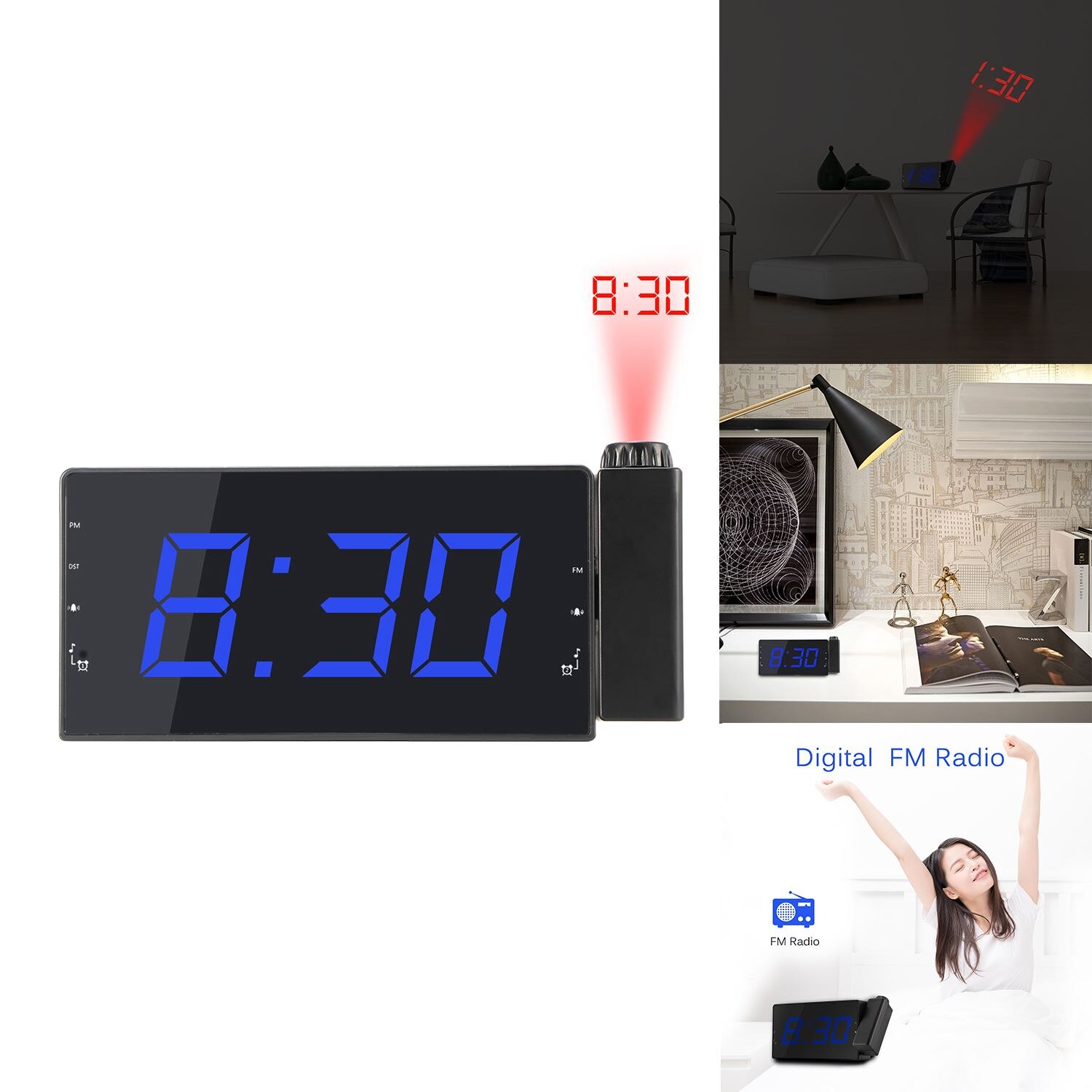 Projektion radio vækkeur led digitalt skrivebord bordur snooze funktion projektor fm radio med sleep timer