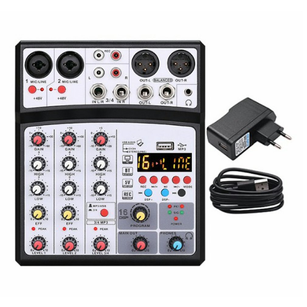 Protable Mini Mixer Audio DJ Console 4-channel with Sound Card, USB, 48V Phantom Power for PC Recording Singing Webcast Party: White EU plug