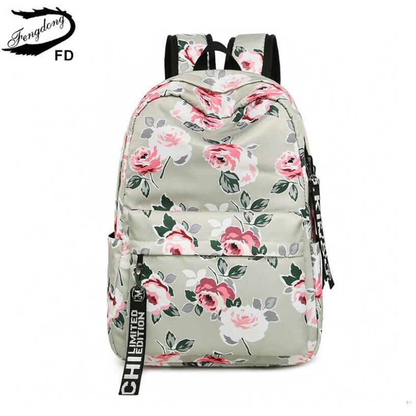 FengDong chinese style floral school backpack flowers backpacks for teenage girls school bags laptop computer bag schoolbag: beige