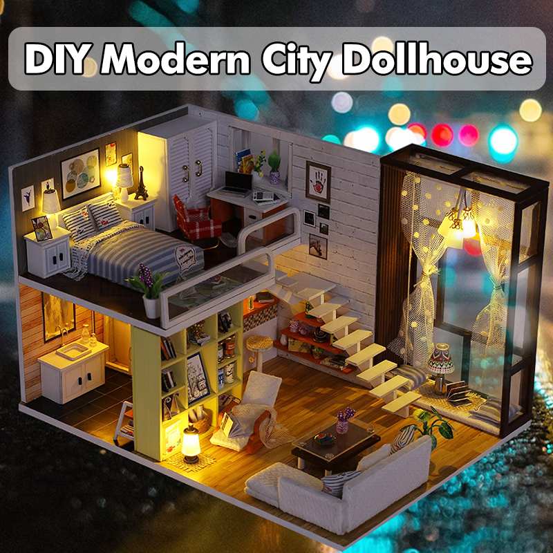 DIY Montieren Mini Puppe Haus Modell Handmade Miniatur Möbel Villa Schlafzimmer Badezimmer Wohnzimmer Studie Zimmer mit Staub Abdeckung