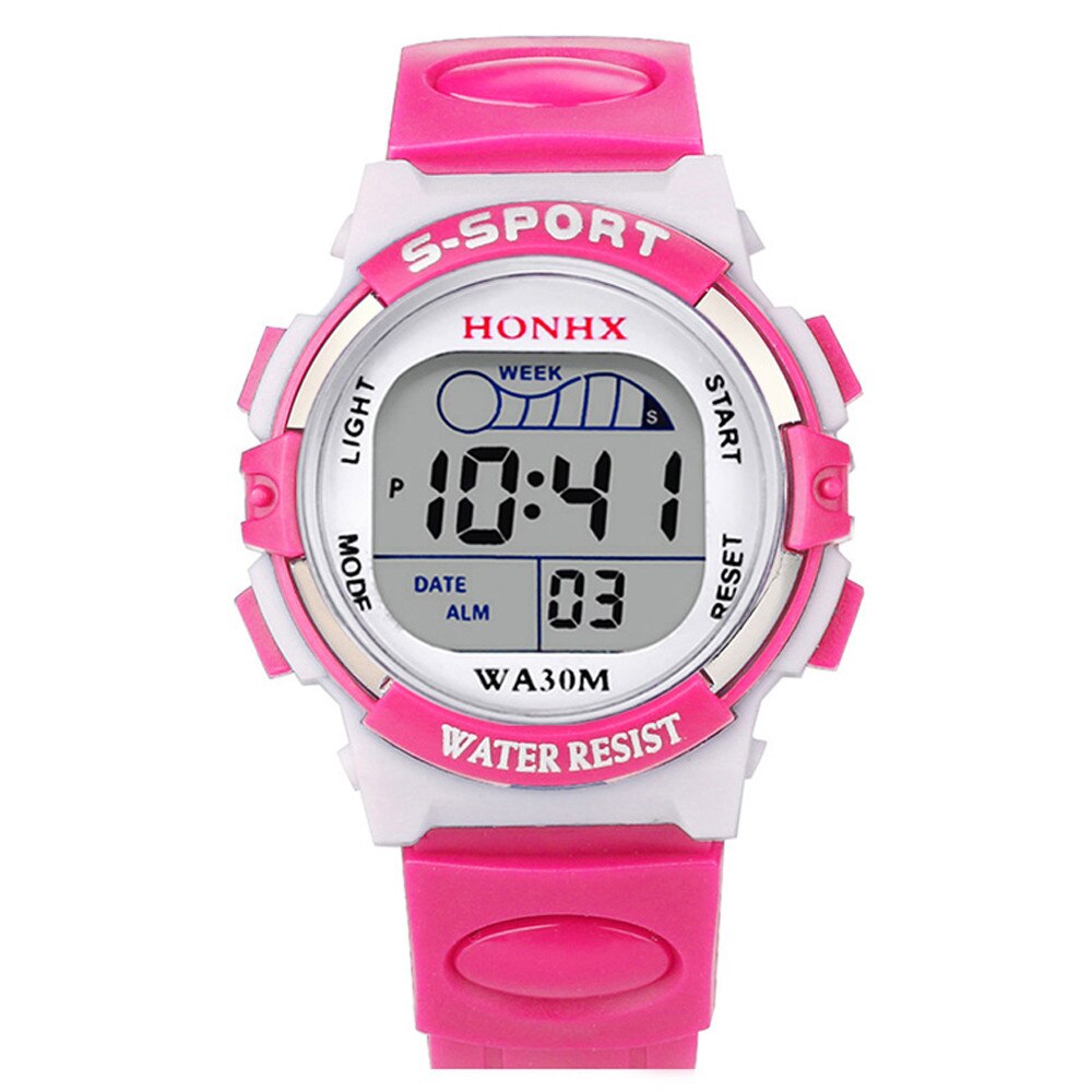 Watch Waterproof Children Boys Digital LED Sports Watch Kids Alarm Date Watch Casual Electronic Simplicity Round Watch: Hot Pink