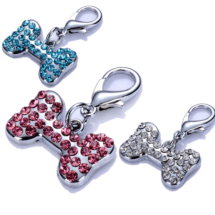 Edelstahl Hund Schild Rosa Weiß Blau Strass Haustier Kragen Charme Kristall Anhänger Haustier Zubehör Liefert