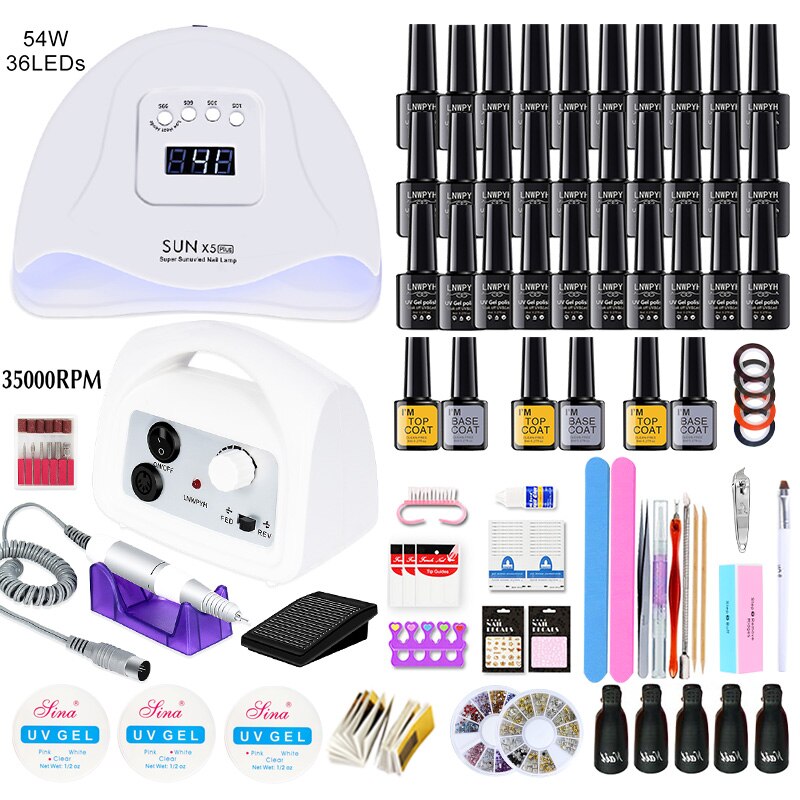 Manicure Set and Electric Nail Drill Machine with 114W UV Led Nail Lamp Drying Nail Set 30/20/18/10 Colors UV Nail Polish Kit: 54w 30 colors white