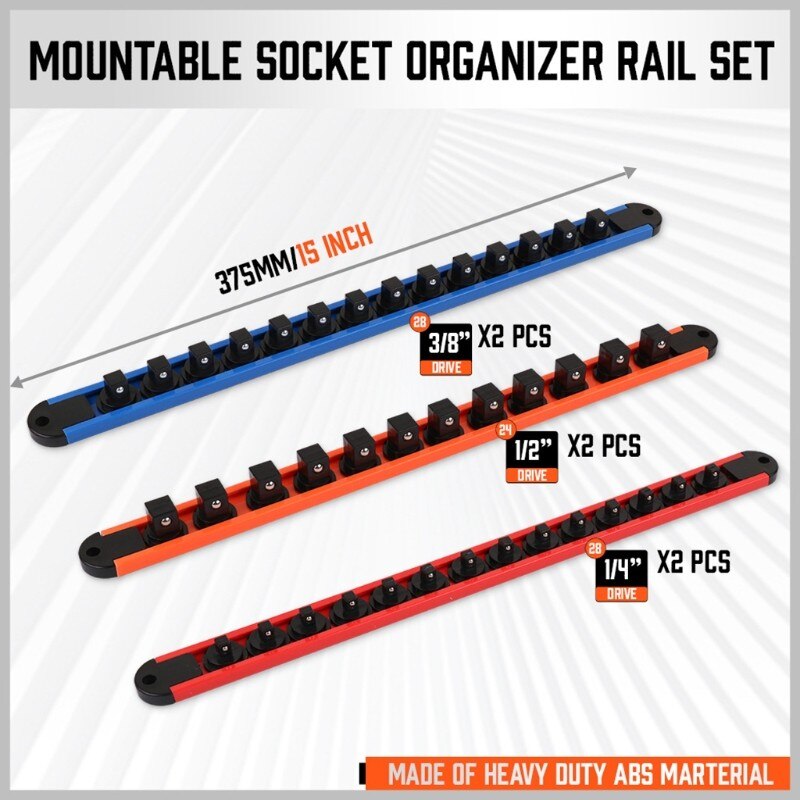 6 Pcs Mountable Socket Organizers Rail 1/2 3/8 1/4 Drive Socket Set Container Multi-tool 80 Holes ABS Garage Storage Tools Set