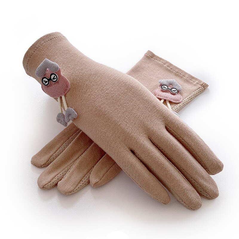 Gants de sport en coton élastique pour femme, motif dessin animé mignon, protection solaire, respirant, antidérapant, pour écran tactile UV, mitaine de conduite, R93: Khaki