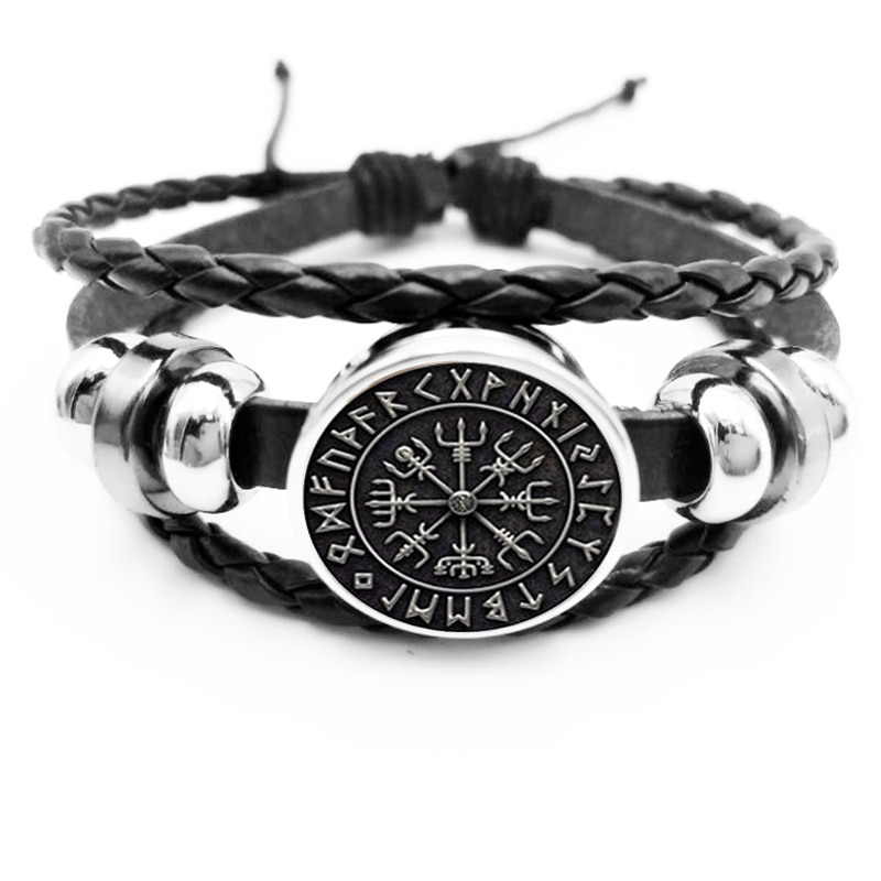 Initial Vegvisir Viking Kompas Drukknoop Armband Sieraden Glas Cabochon Zwarte Armband Sieraden: Default Title