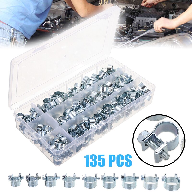 Mayitr 135pcs Galvanized Metal Hose Clamp 8-18mm Screwdriver Hose Clamps for Auto Cooling System Assortment