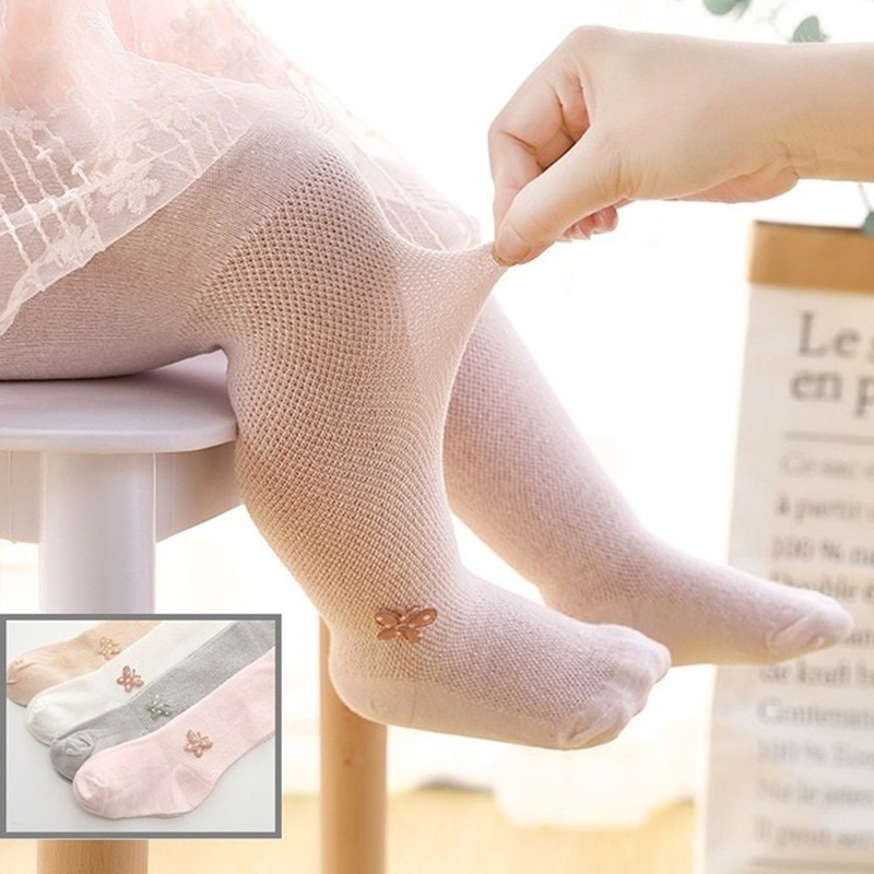 Vår sommar mesh tunn baby strumpbyxor barn tjejer prinsessa strumpbyxor söta fjäril barn strumpor vita mjuka bomullsstrumpbyxor
