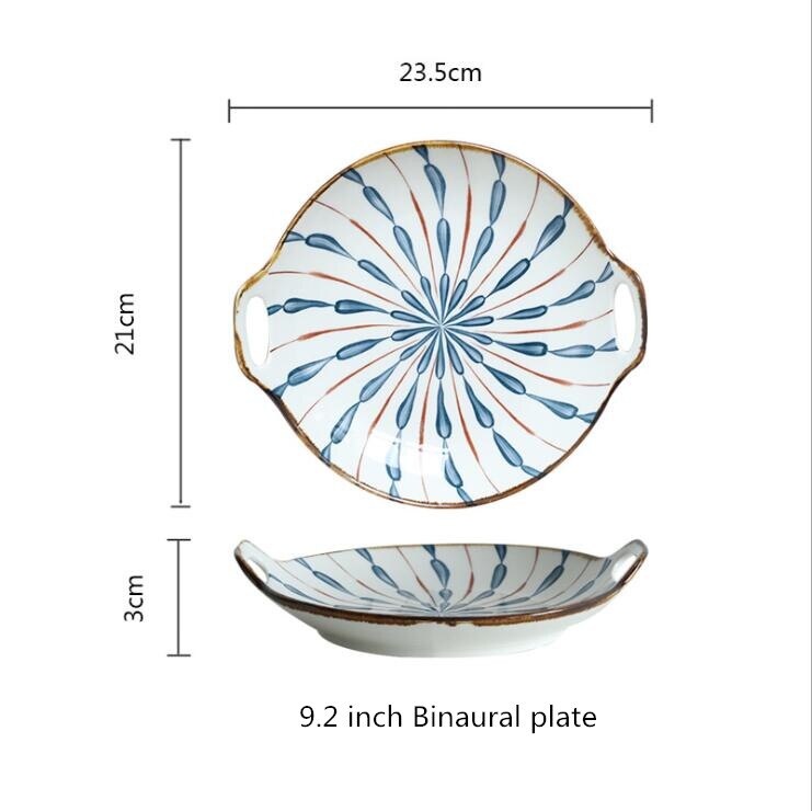 Japanese blue water drops Dinner Plate Set Ceramic Kitchen Plate Tableware Set Food Dishes Rice Salad Noodles Bowl Soup: 9.2inch  round palte
