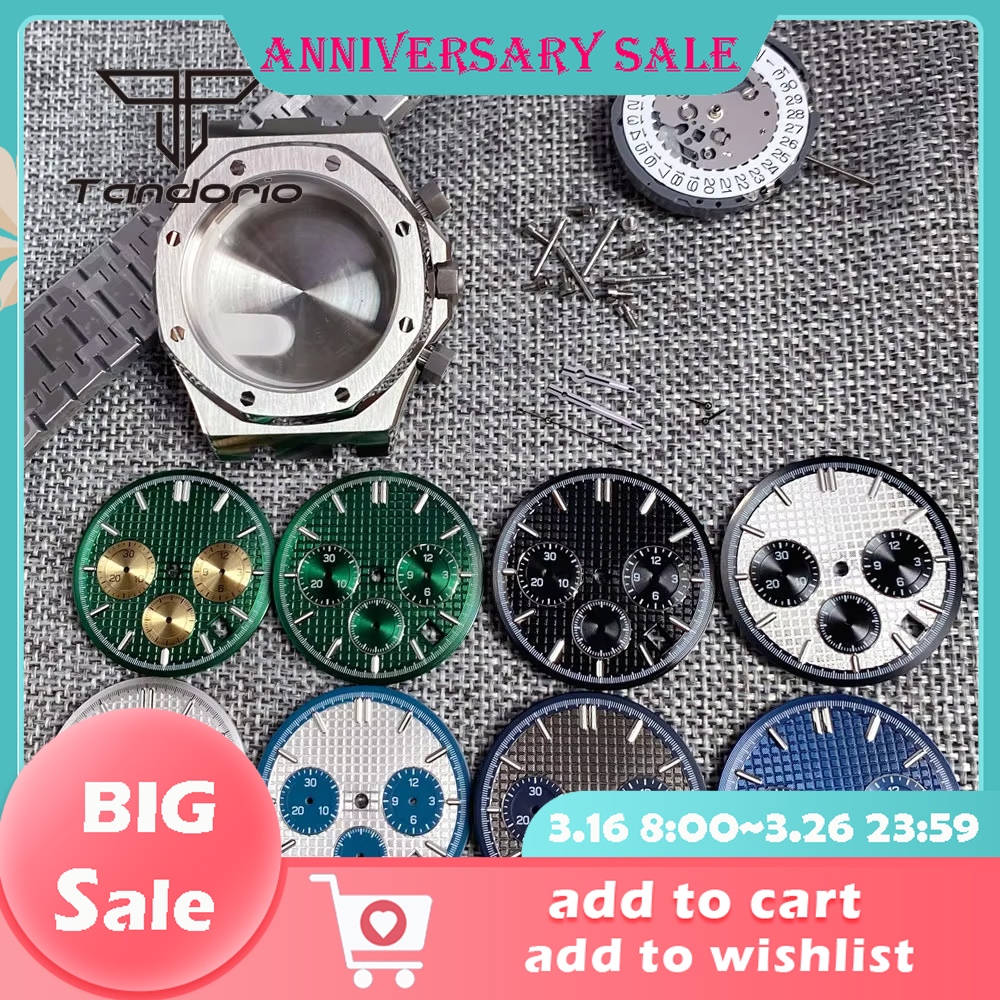 Roestvrijstalen Geborsteld 42Mm Horlogekast Armband Achtkant Bezel Saffier Crystal Fit Vk63 Vk64 Chronograaf Quartz Uurwerk