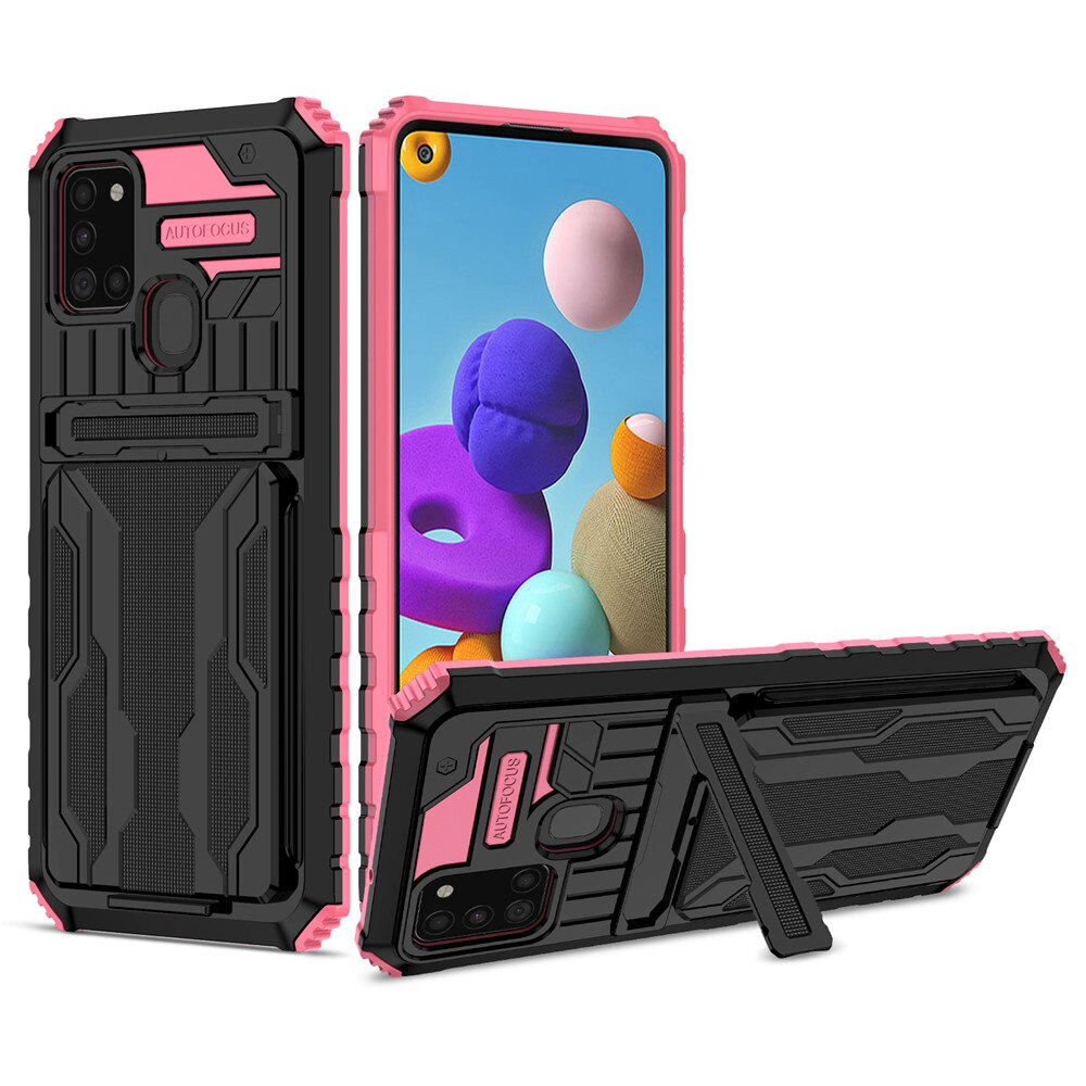 Voor Galaxy A21S Case Voor Samsung A21S Card Armor Coque Stand Holder Shockproof Bescherming Telefoon Terug Beschermhoes SM-A217F: For Galaxy M02 / Pink