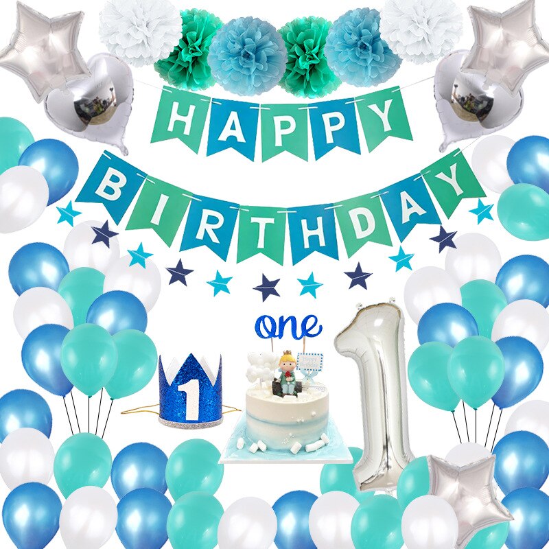 Decoración de feliz cumpleaños, globos nuevos para , decoración de 1 año de cumpleaños, globo con letras Chiffre, conjunto de lentejuelas para niño o niña: blueFlower ball