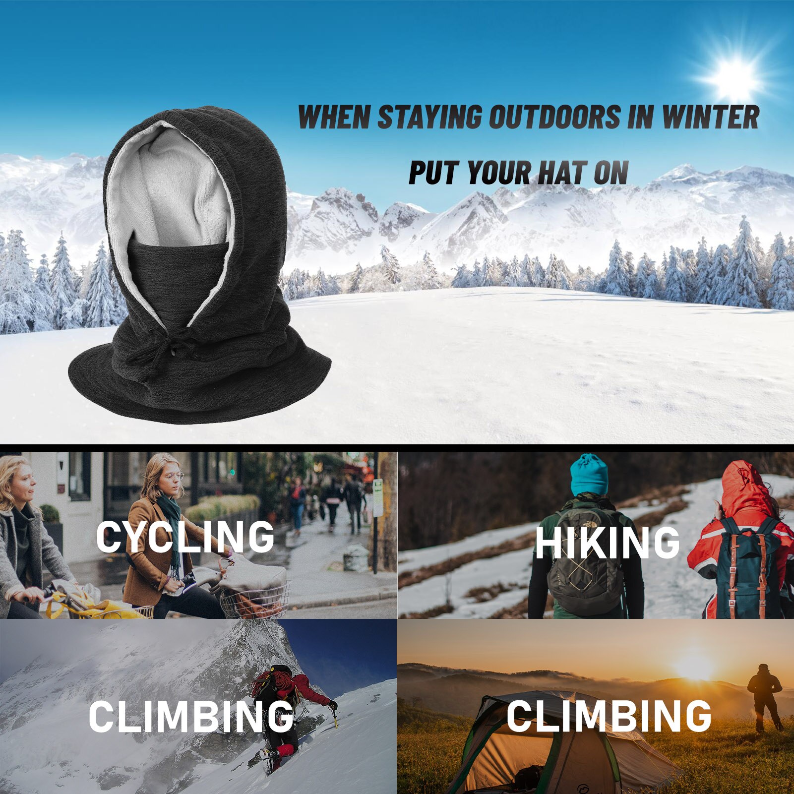 Men Women Winter Balaclava Warm Windproof Fleece Lining Drawstring Neck Gaiter Cycling Hiking Running Outdoors Hat