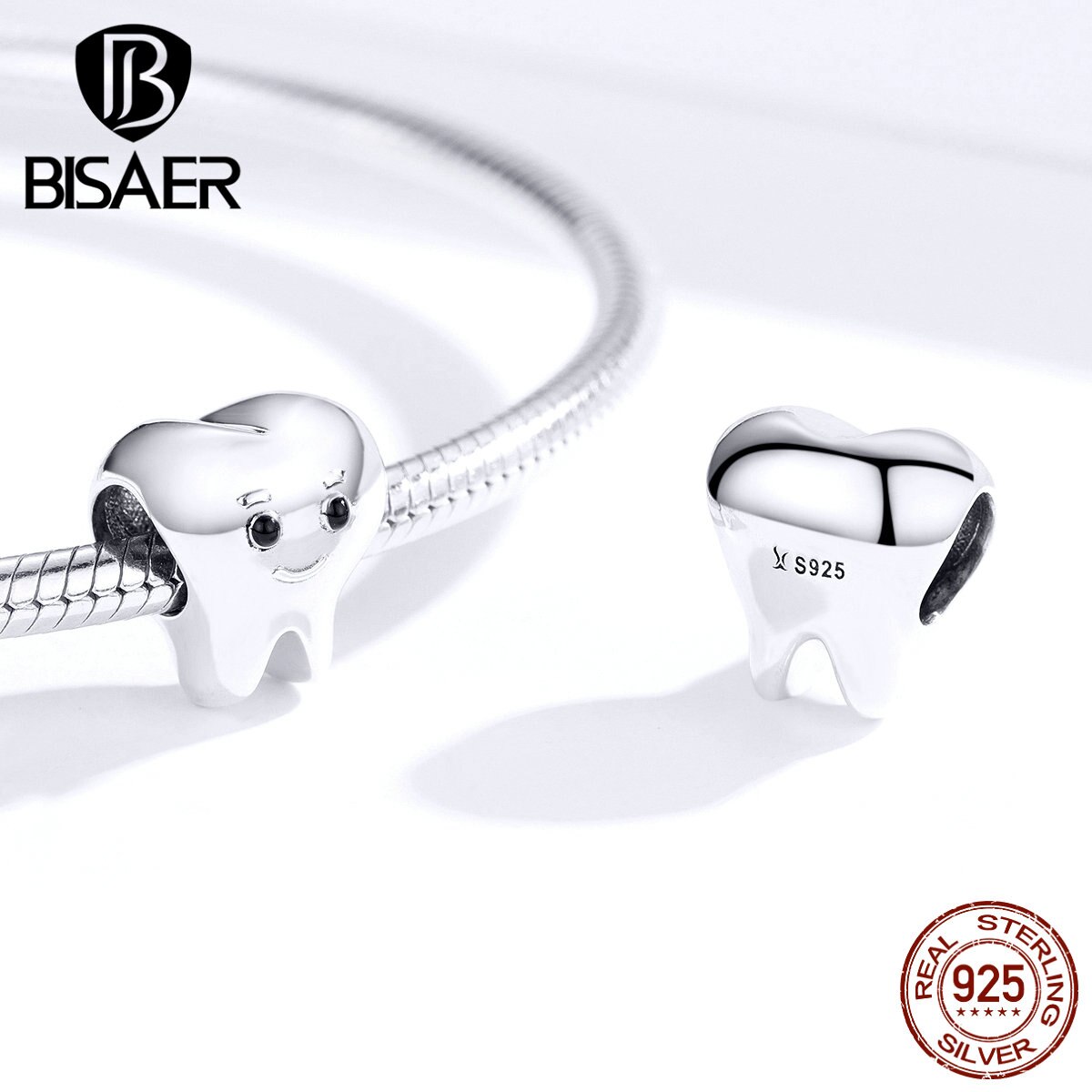 Cuentas de dientes BISAER Plata de Ley 925 cuentas colgantes de dientes lindos para mujeres pulseras brazaletes joyas de plata 925 ECC1401