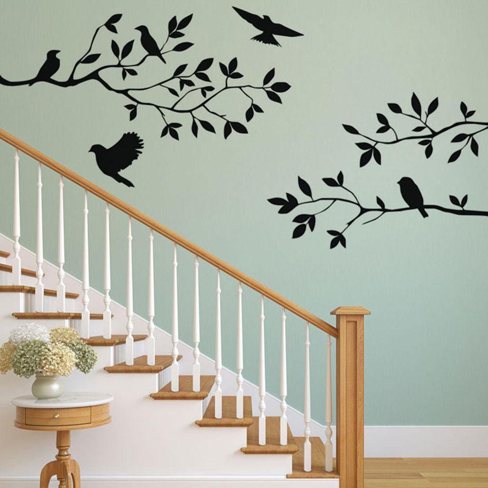 Sort fugl træ gren vinyl vægoverføringsbilleder til soveværelse diy hjem indendørs væg kunst indretning aftagelige klistermærker