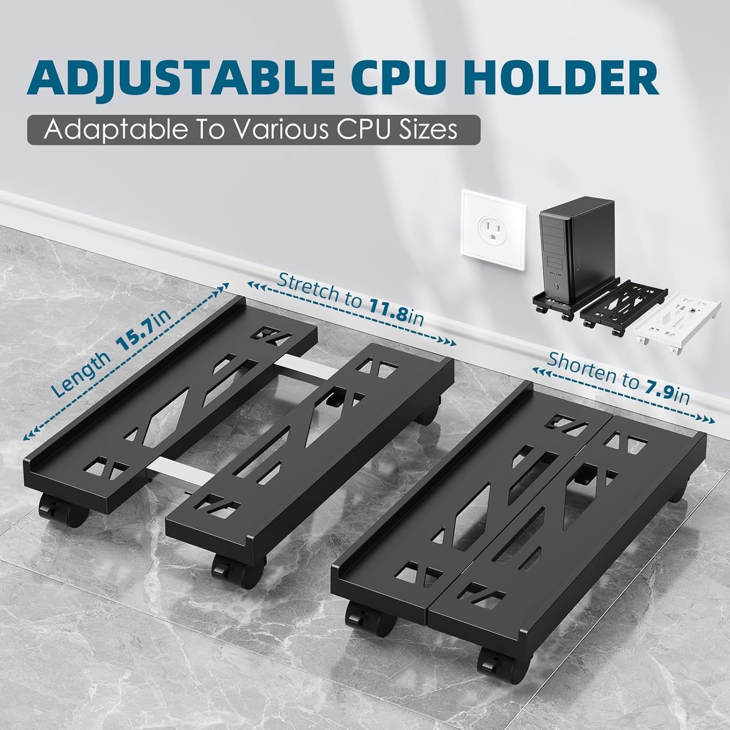 Adjustable Computer Tower Stand, Mobile CPU Stand with 4 Rolling Caster Wheels, Under Desk CPU Holder PC Floor Cart PC Riser