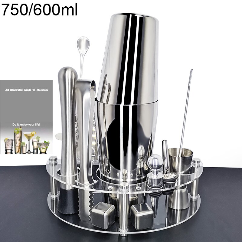 450/600/750ml cocktail shaker set 1-12 delar barware kit rostfritt stål martini shaker med stativ + drink recept, tång kork: 12pc 750 600ml rack