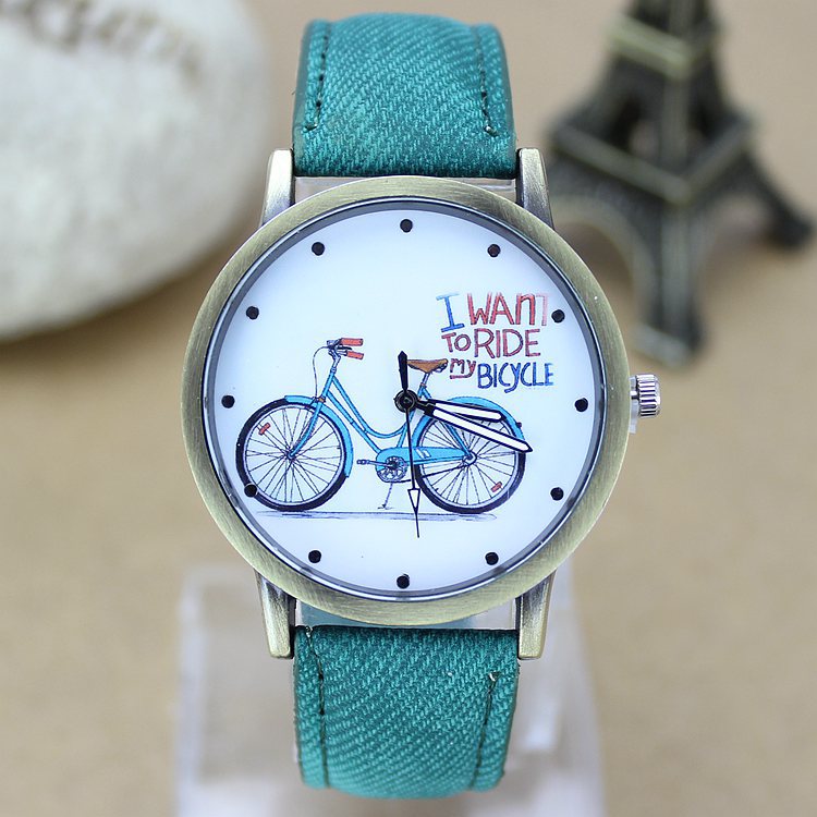 New Fashion Men orologio da bicicletta donna Jean tessuto cinturino in pelle abito orologi Relogio Feminino orologio al quarzo Casual da donna ora calda: green