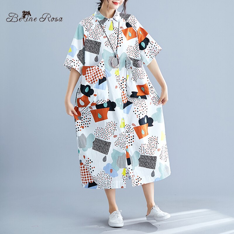 BelineRosa vrouwen Geometrische Patroon Print Vrouwen Blouse Jurken Zomer Mode Losse Lange Shirt Jurken Vrouwelijke XE000097