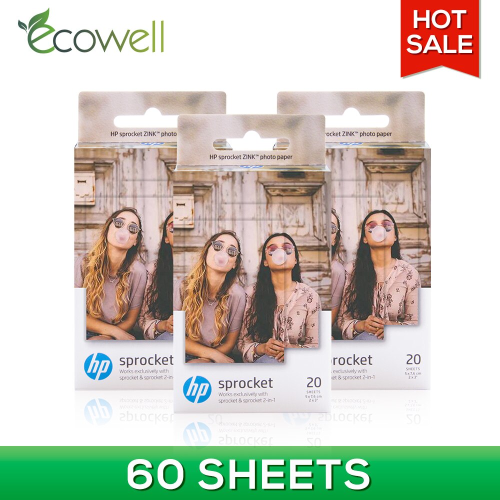 Ecowell 1box compatible Sprocket ZINK Photo Paper for HP Sprocket & sprocket 2-in-1 printer Photo Printing Sticker Paper: 60 sheets