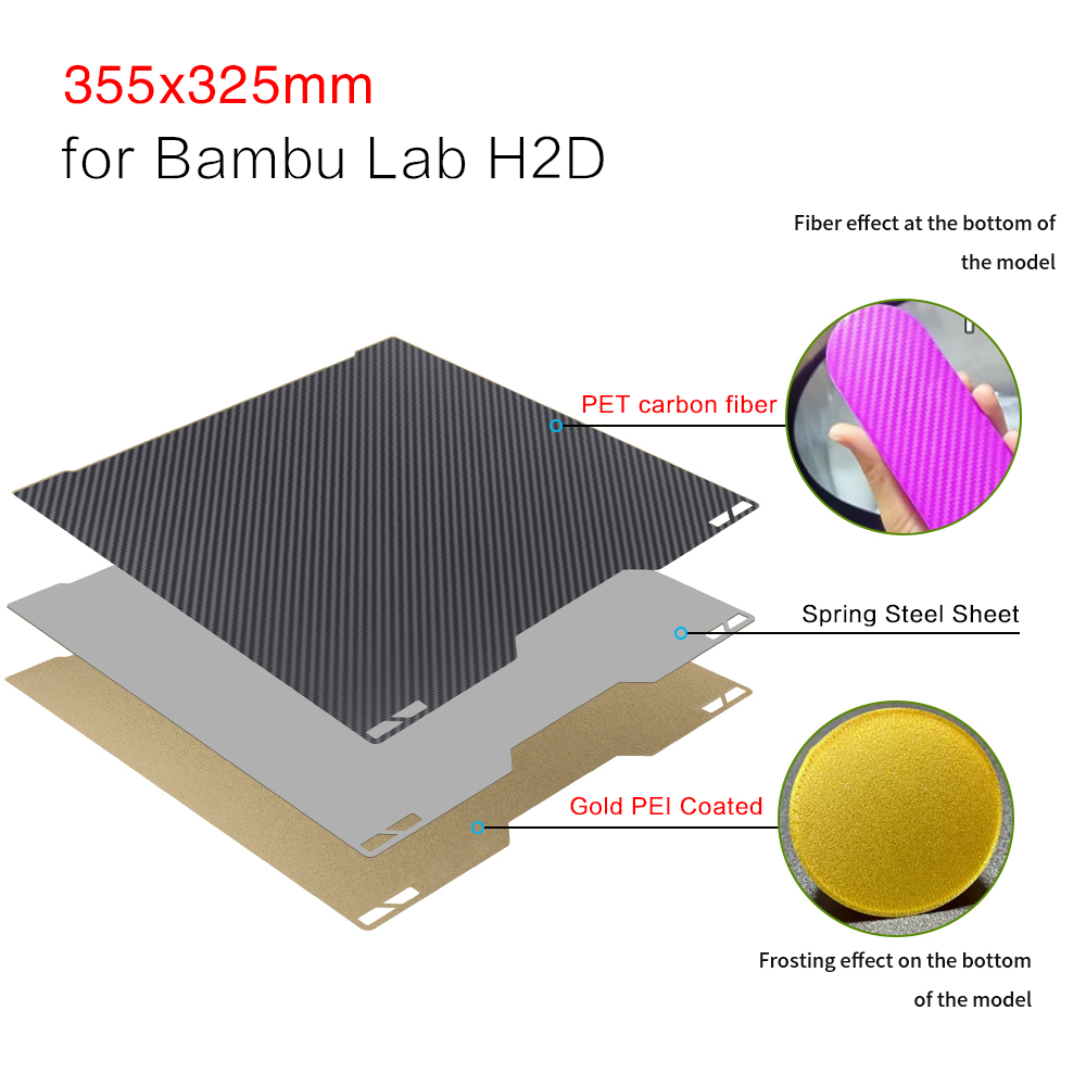 XCR3D For Bambu Lab h2d build plate hotbed Double Sided Bambulab H2D smooth Textured PEI Plate Accessories 350x320*0.75mm: WHITE