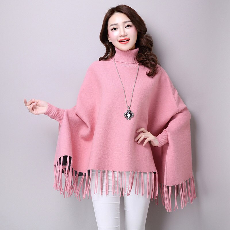 Pull cape à col roulé pour femme, pull ample à pompons, manches chauve-souris, couleur unie, vêtements pour femmes: Rouge