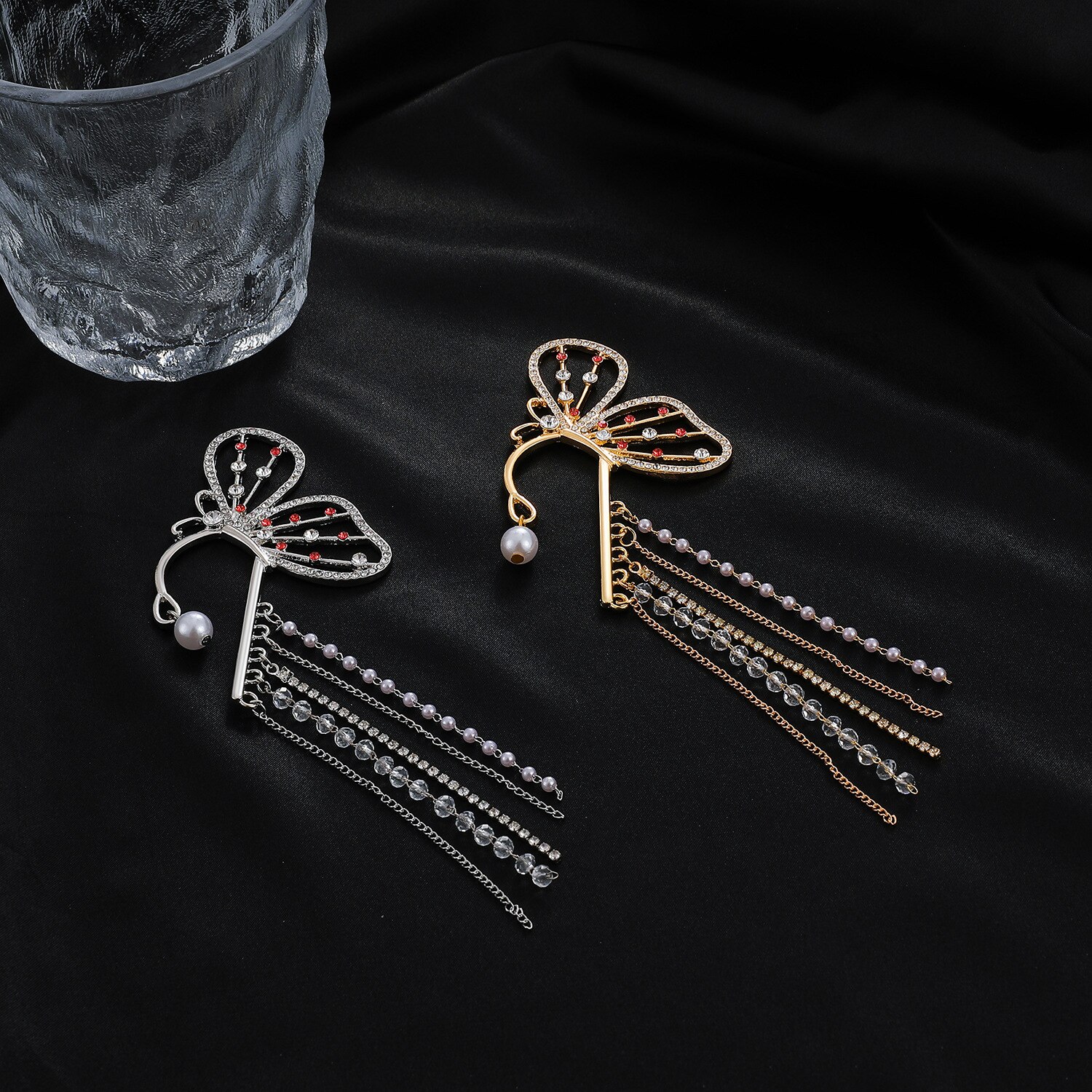 Kristall Lange Quaste Schmetterling Ohr Manschette Ohr Haken Gebühr Clip auf Ohrringe Luxus Lange Ohrring Frauen Mädchen Ohne durchbohren Schmuck