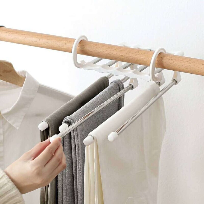 Percheros portátiles de acero inoxidable de 5 niveles para pantalones percha multifunción para pantalones, ganchos para pantalones, organización de almacenamiento de ropa,