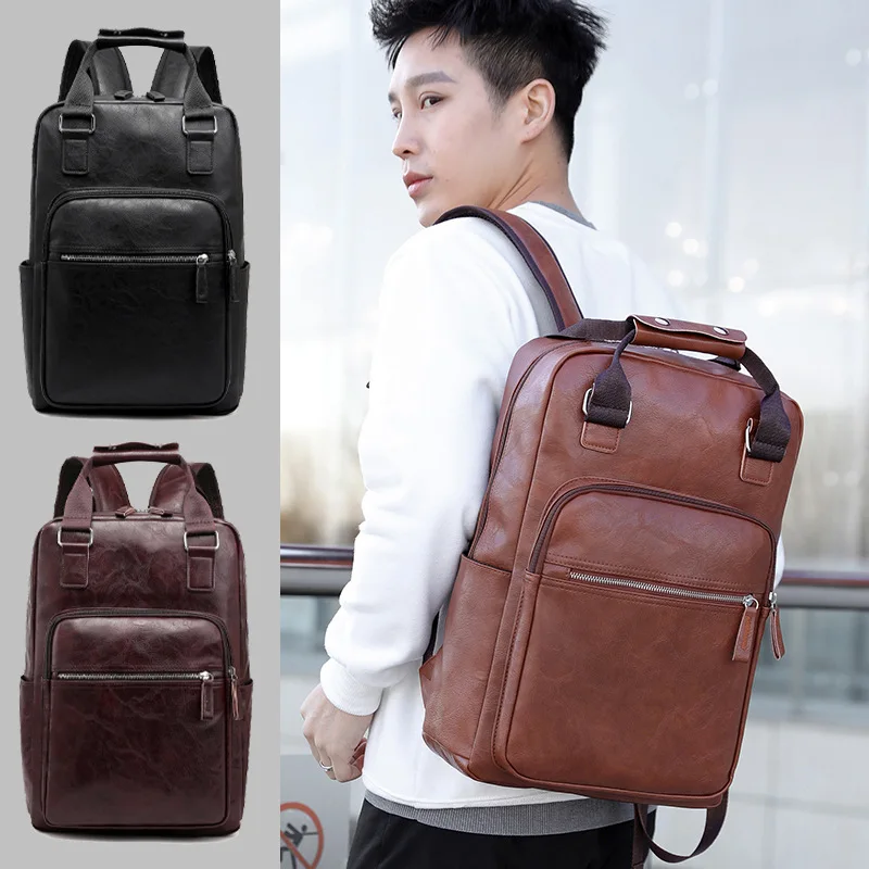 black work backpack PU leather bag man shoulder bags Waterproof male backpack 15.6 inch laptop computer bag boys school backpack
