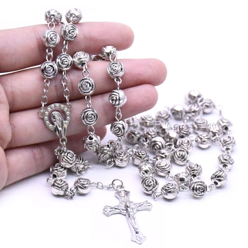 Collier chapelet de perles de prière catholique, en argent, de , Rose de prière du Christ, amour