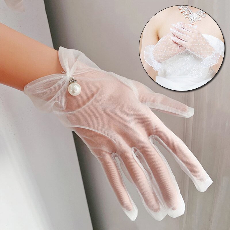 Girls Wedding Gloves Mesh Bow Pearl Princess Party Supplies Bride Dress Gloves Cosplay Performance Lace Gauze Transparent Gloves