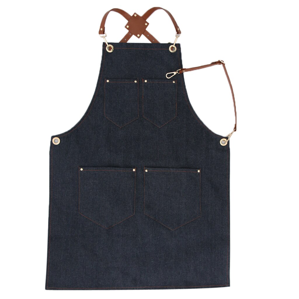 Leather Strap Denim Bib Apron BBQ Baker Bartender Barista Chef Work Uniform