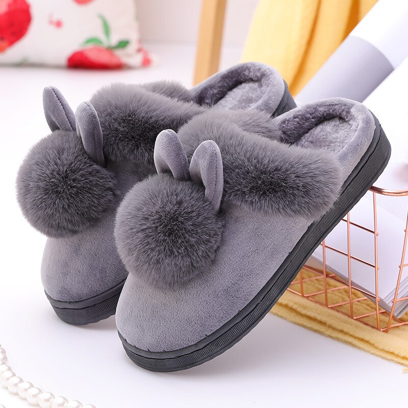 Rabbit Fur Slippers Women Winter Warmth Thickened Sole Indoor Wooden Floor Soft Home Slippers Cotton Shoes Women: Gray / 40-41
